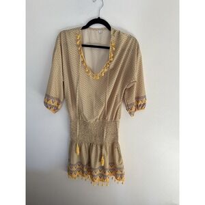 Boho Yellow Geometric Tassel Mini Dress Smocked Waist V-Neck Tunic Small